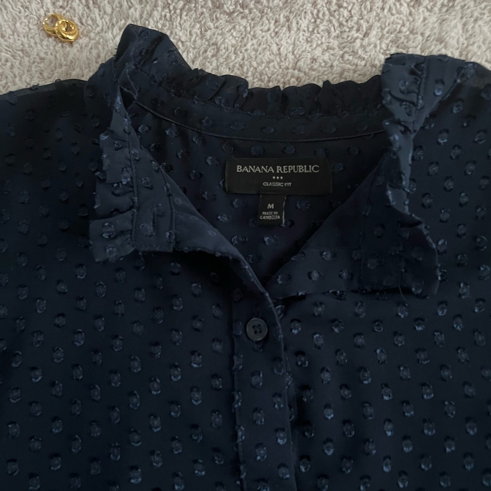 Banana Republic | Navy Long Sleeve Sheer Swiss Dot Blouse